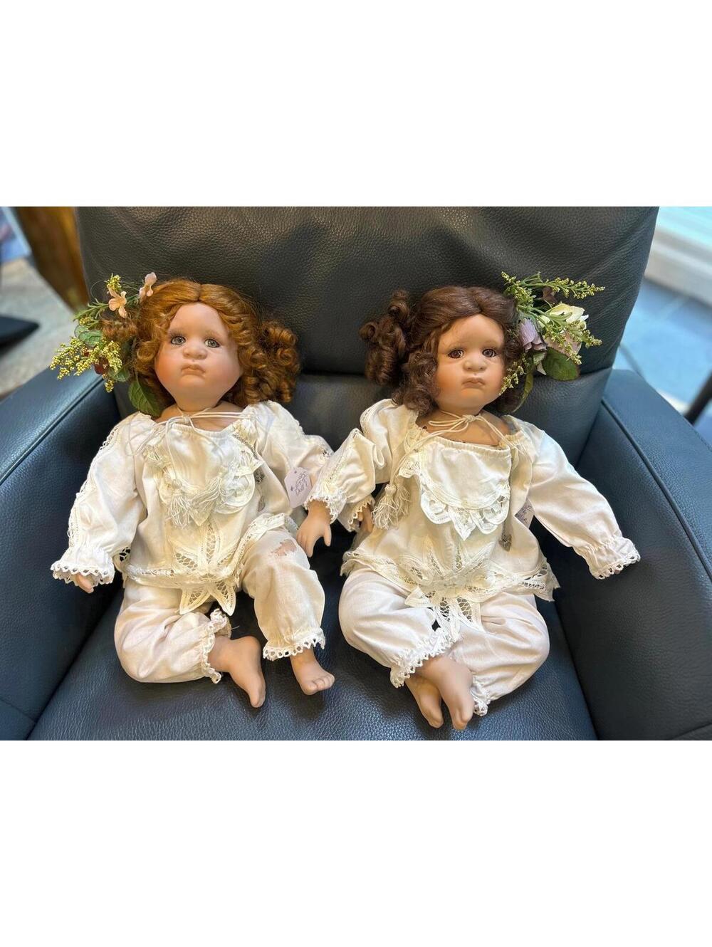 Pair of Vintage Porcelain Angel Dolls with Feather Wings